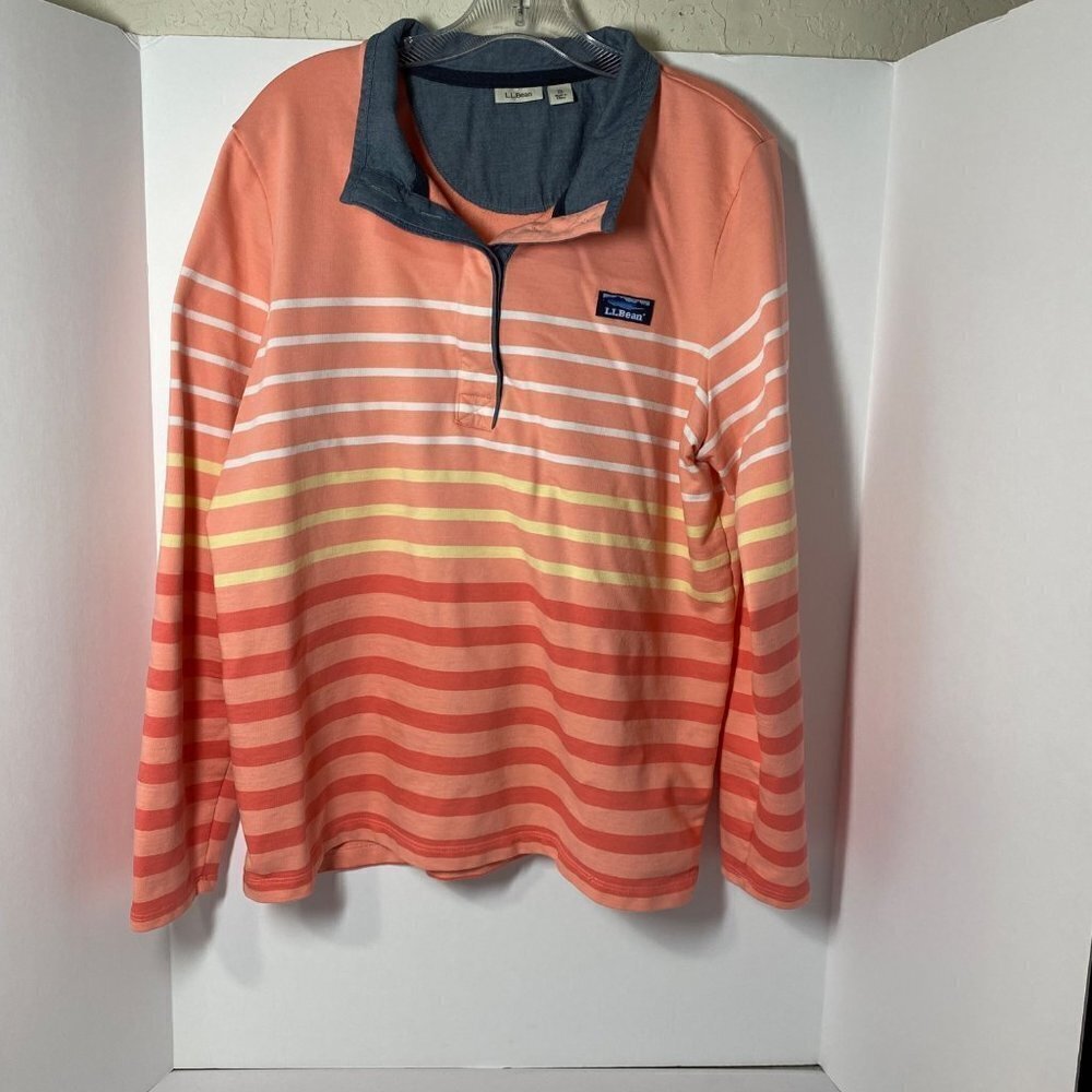LL BEAN Women's Ombre Shirt XL Coral Pink White Yellow Stripe 501241